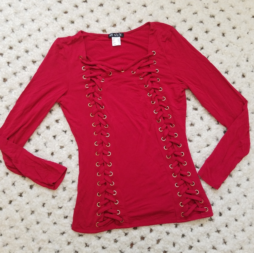 Venus Red Lace Up Long Sleeve Top